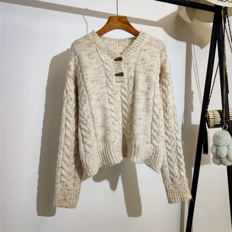 麻花毛衣女v领套头秋冬2023新款韩版宽松休闲百搭针织衫外穿上衣商品大图