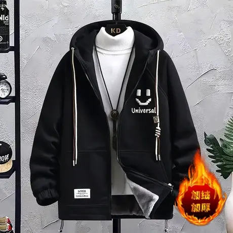 加绒加厚夹克男秋冬款笑脸印花外套男潮牌棉衣青少年保暖防寒棉服商品大图