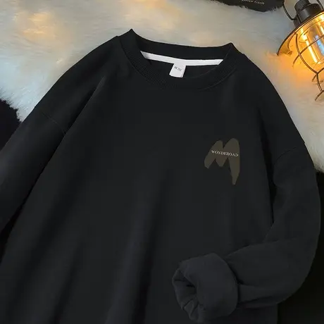 450g美式重磅卫衣男2023新款摇粒绒长袖t恤秋冬款圆领黑色上衣服商品大图