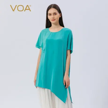 VOA30姆米重磅真丝圆领不对称飞飞短袖做旧工艺开叉下摆桑蚕丝T恤图片