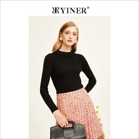 YINER音儿女装冬季法式木耳领边钉珠羊毛针织衫套头商品大图