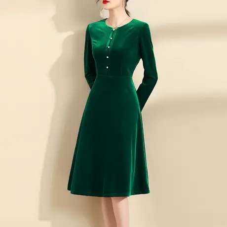 水墨青华春季新品百搭大摆裙显瘦修身打底裙中长款丝绒连衣裙商品大图