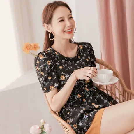 桔熊夏季韩系复古花卉印花泡泡袖舒适柔软上衣女人味大码AB15634图片