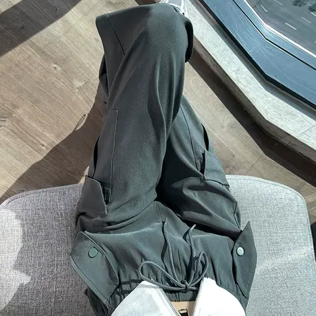 灰色美式束脚工装裤女春秋新款高腰显瘦宽松直筒阔腿休闲运动裤子商品大图