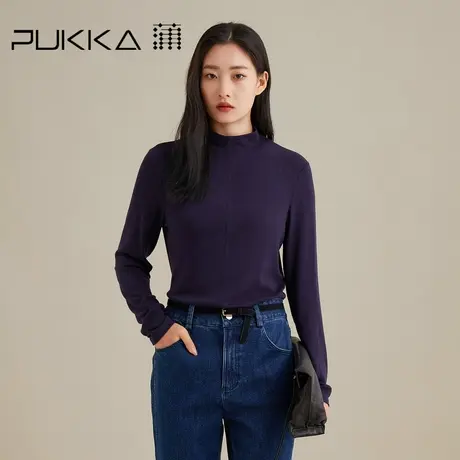 蒲PUKKA 长袖打底衫女秋季新款修身显瘦立领拼接针织休闲T恤商品大图