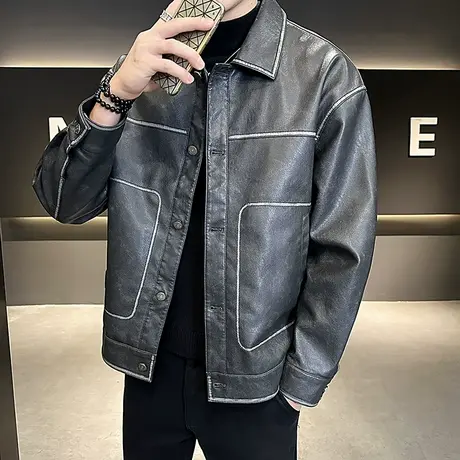 秋冬季加绒保暖皮衣外套男宽松痞帅明线个性设计感防寒骑行机车服图片