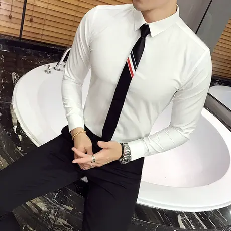 英伦风小码长袖白衬衫男韩版修身商务休闲男式西服打底大码衬衣潮图片