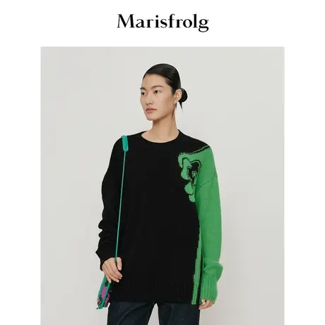 【纯羊毛针织毛衣】玛丝菲尔秋冬新纯羊毛拼色加厚毛衣女商品大图