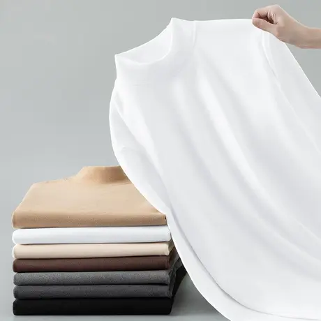 长袖t恤男装半高领纯色白色内搭德绒打底衫秋冬季保暖双面绒体恤商品大图