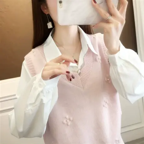 甜美小清新V领针织马甲女春秋2023新款外搭宽松显瘦无袖坎肩背心图片