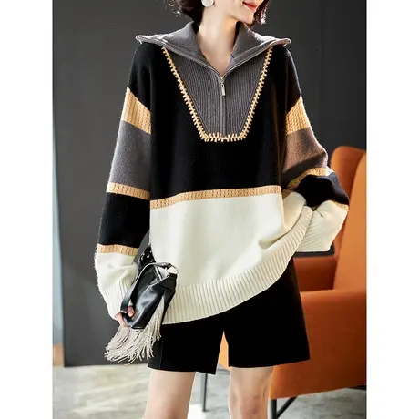 宝诗黎拉链半开领时尚设计感撞色毛衣2024春季新款宽松羊毛针织衫商品大图