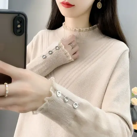 网纱拼接半高领针织衫女内搭秋季2023新款女装宽松设计感打底上衣图片