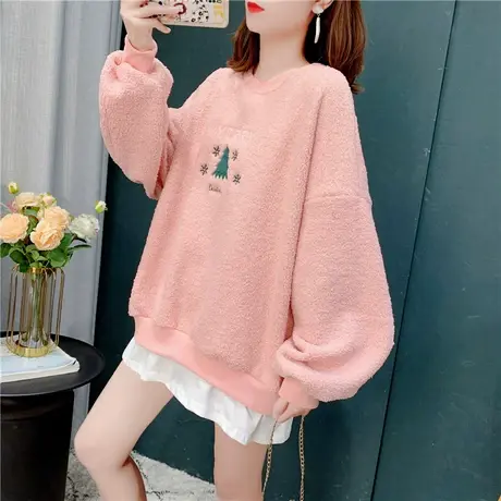 假两件女士圆领卫衣2021年秋冬新款羊羔毛韩版宽松加绒加厚外套潮商品大图