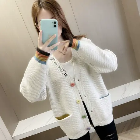 宽松毛衣外套女士针织开衫秋装新款宽松春秋上衣学生外搭拼色图片