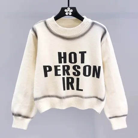 日系复古扎染字母套头毛衣女秋冬2023新款宽松时尚休闲长袖针织衫商品大图