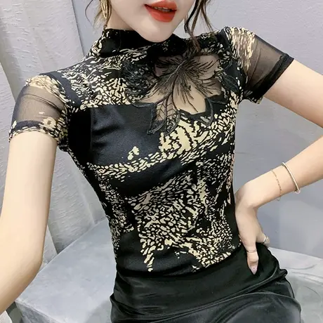 性感网纱镂空短袖T恤女夏季复古印花小衫欧货网红修身显瘦上衣潮商品大图