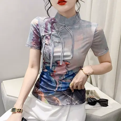 立领盘扣T恤女短袖2024夏装新款复古气质上衣修身显瘦网纱小衫ins图片