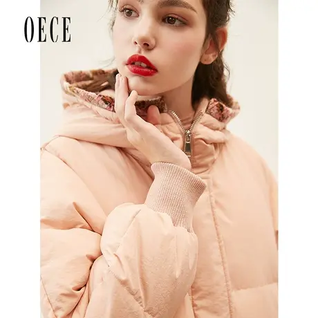 Oece冬新款女 复古连帽保暖中长款羽绒服外套商品大图