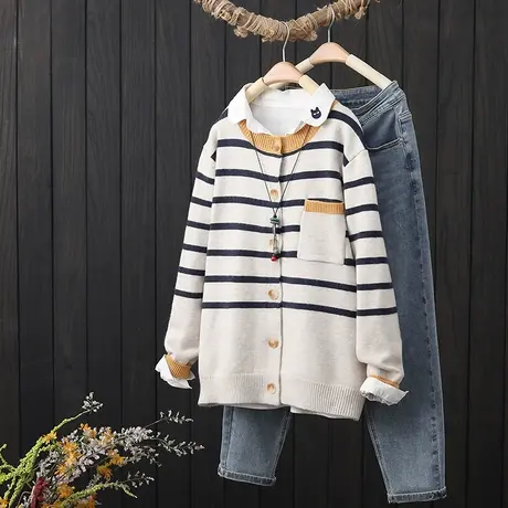 拼色条纹针织开衫外搭上衣女秋装新品设计感小众宽松圆领毛衣外套图片