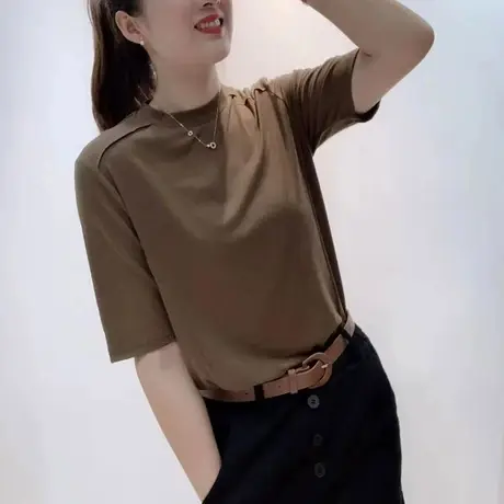 2023早秋新款设计感T恤洋气休闲半高领纯色修身半袖小衫潮流气质商品大图