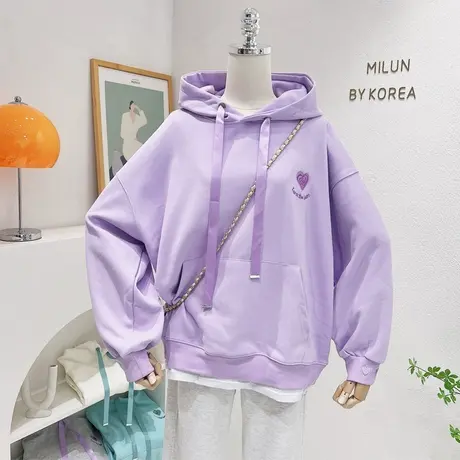 2022秋季外女套韩版ins爱心连帽长袖卫衣假两件上衣宽松休闲大码商品大图