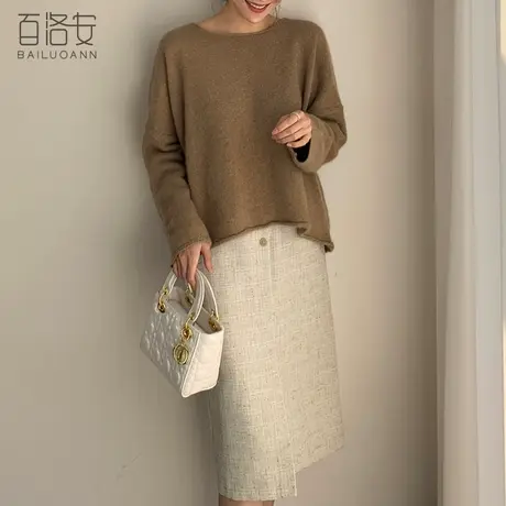 百洛安慵懒风宽松长袖套头毛衣女秋装新款百搭软糯圆领卷边针织衫图片