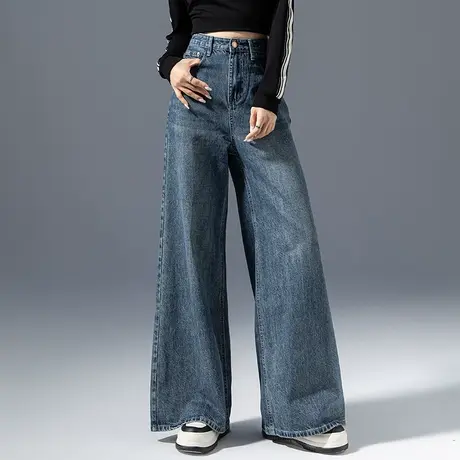 高腰窄版阔腿牛仔裤女2023新款秋季宽松裤子拖地长裤阔脚裤直筒裤图片
