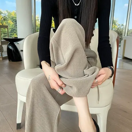 窄版雪尼尔阔腿裤女秋冬新款小个子加绒高腰卡其色灯芯绒直筒裤子商品大图