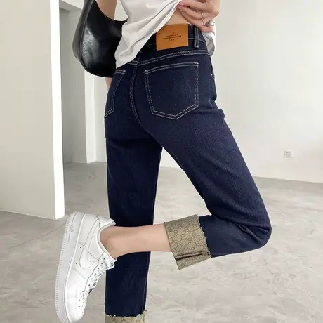 翻边直筒牛仔裤女春秋新款高腰窄版修身显瘦九分小个子深蓝烟管裤商品大图