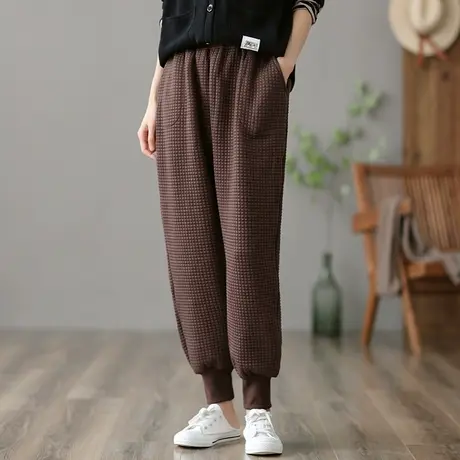 dza 复古高腰华夫格休闲裤子女士春秋新款百搭直筒运动裤哈伦长裤图片