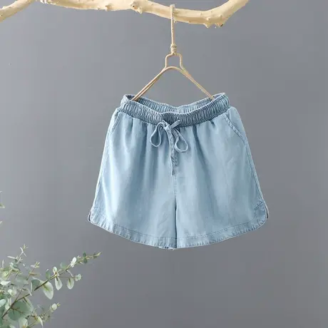 2023夏季新款韩版轻薄牛仔短裤女薄款松紧腰女裤冰丝宽松直筒热裤商品大图