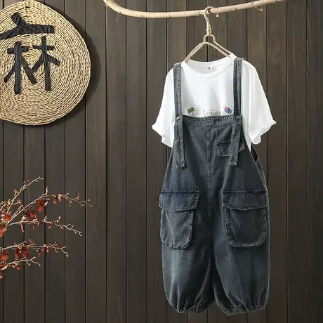 枫谜21年秋装新款文艺复古口袋牛仔背带裤女宽松牛仔七分裤灯笼裤图片