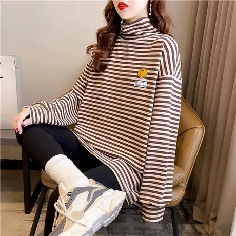 早春长袖t恤女春秋季韩版宽松中长款加绒条纹半高领打底衫上衣服商品大图