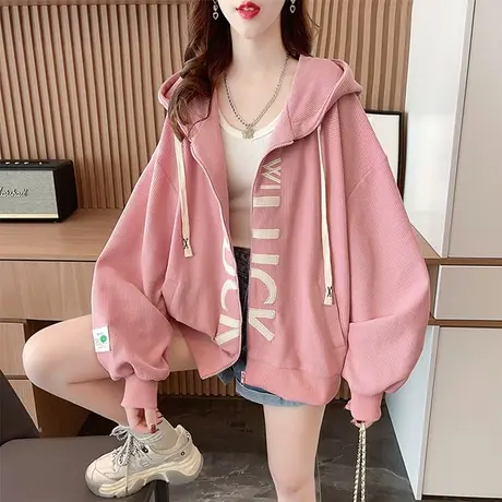 早春装连帽卫衣女春秋季韩版宽松薄款初春小个子华夫格开衫外套潮图片