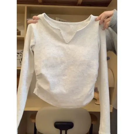 小V领长袖T恤女初秋百搭修身显瘦小个子短款洋气减龄上衣打底衫潮商品大图