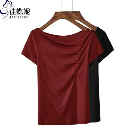 夏季新款韩版斜领修身显瘦褶皱短袖体恤上衣内搭女打底衫纯棉T恤图片