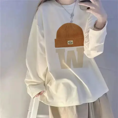 美式复古内搭打底衫女装秋季薄款慵懒风上衣胖mm大码显瘦长袖T恤商品大图