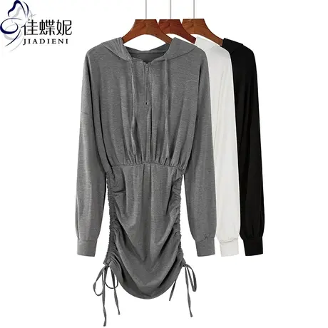 秋冬新款韩版连帽拉链宽松长款褶皱抽绳包臀显瘦长袖连衣裙女装商品大图