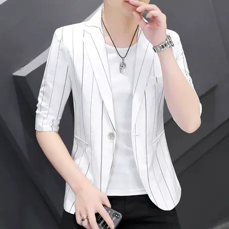 男士条纹七分袖西装夏季潮流痞帅休闲外套薄款男装韩版中袖小西服商品大图