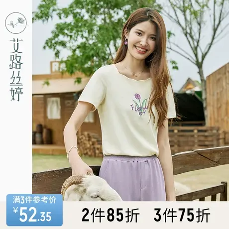 艾路丝婷字母花朵刺绣t恤女短袖2023年夏季新款花瓣方领减龄上衣商品大图