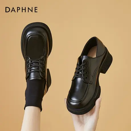 达芙妮黑色小皮鞋女英伦2021年新款夏季复古法式圆头中跟单鞋粗跟商品大图