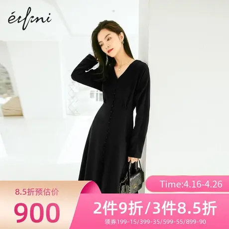 伊芙丽连衣裙春秋新款气质V领小黑裙中长款裙子女1D1990251Q商品大图