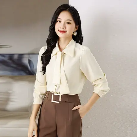2023年秋季新款女装大码胖mm显瘦灯笼袖蝴蝶结衬衫设计感内搭上衣图片