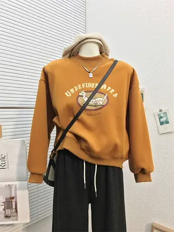 冬季新款保暖加绒厚仿寒小高领卫衣小狗卡通印花小个子立领上衣女商品大图