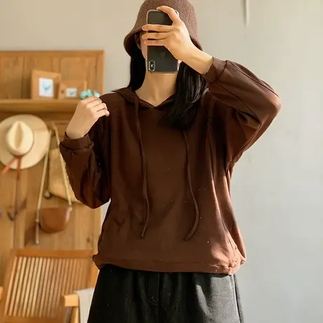 dza 复古宽松纯色连帽T恤女2024春季新款内搭打底衫休闲带帽上衣图片