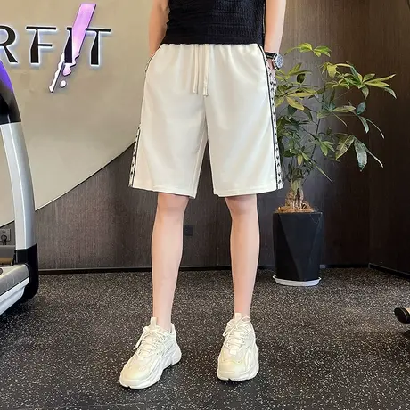 夏季潮流百搭高级重磅个性条纹休闲裤直筒薄款运动中裤短裤卫裤商品大图