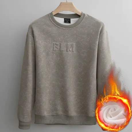 秋冬款男生潮牌宽松内搭无帽长袖上衣服冬季加绒保暖打底圆领卫衣图片