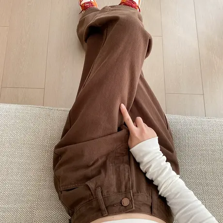 棕色美式高腰阔腿牛仔裤女秋冬新款宽松加绒加厚小个子直筒拖地裤商品大图