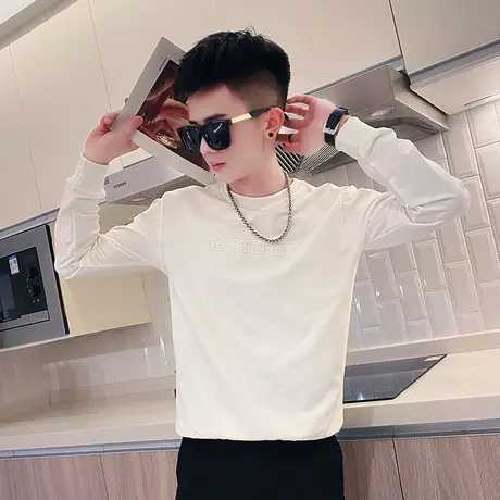 刺绣小字母卫衣男修身长袖t恤高街ins潮春秋百搭休闲纯色打底衫商品大图