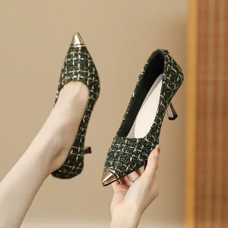 高跟鞋女2024年春季新款设计感小众拼色千鸟格细跟尖头中跟单鞋图片
